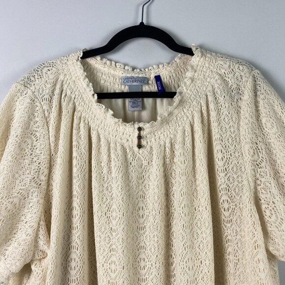 Catherines Blouse Size 3XWP Cream Crochet Knit Short Sleeve Pullover - Picture 2 of 9